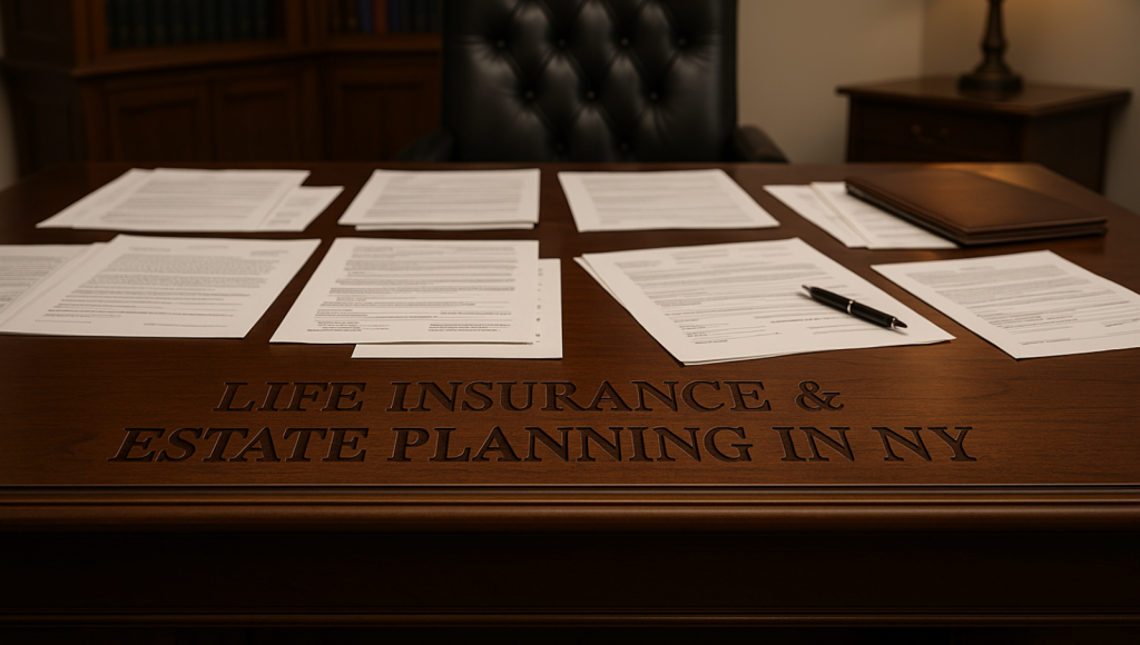 Polished law office desk with legal documents and “Life Insurance & Estate Planning in NY” chiseled into the wood
