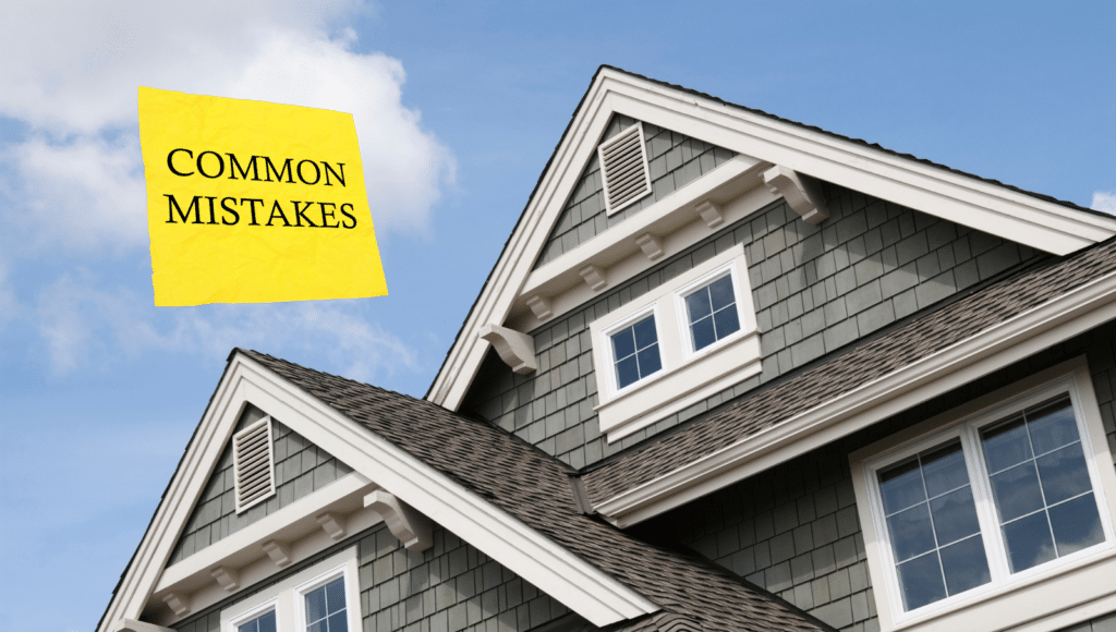 Yellow sticky note reading "Common Mistakes" floating above a suburban house, symbolizing common estate planning errors.