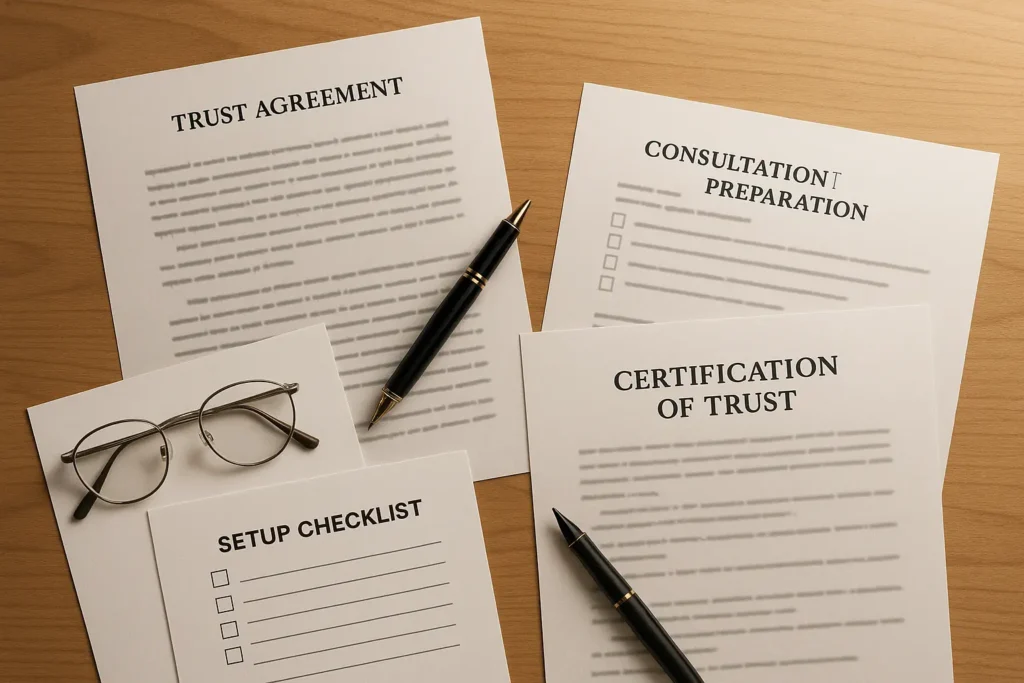 Overhead view of a neat workspace featuring legal documents, a trust agreement, and checklists arranged for planning a business trust setup