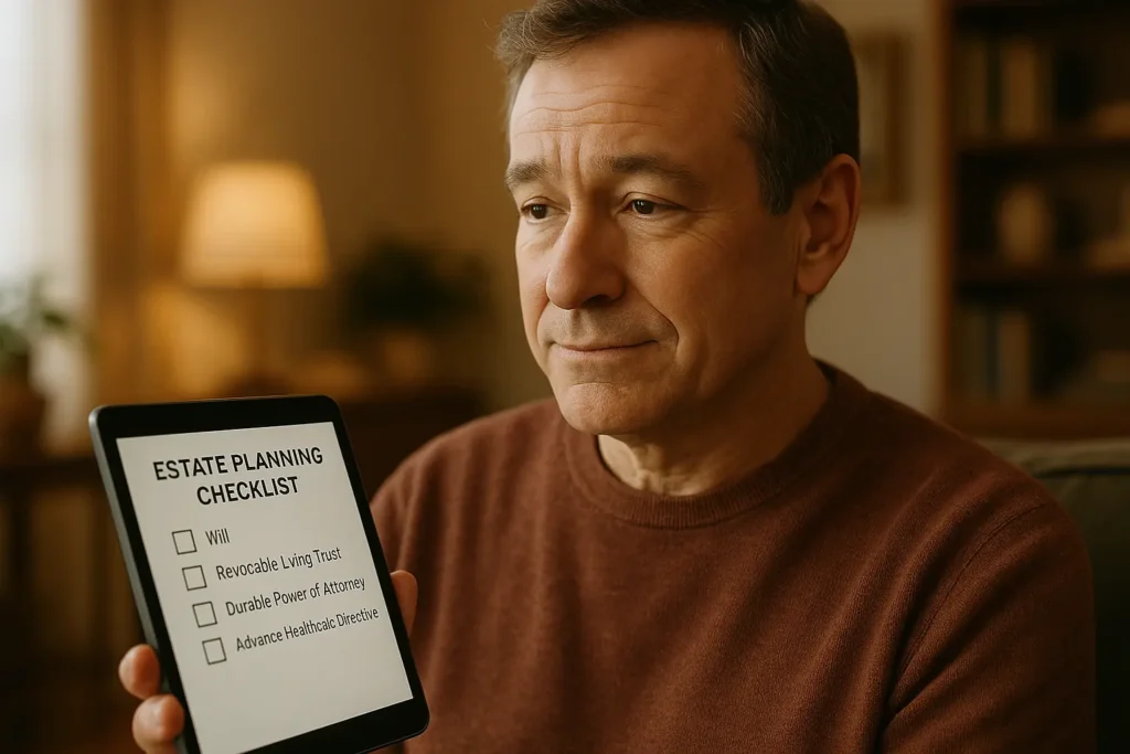A middle-aged person thoughtfully reviewing an estate planning checklist on a tablet at home, illustrating careful consideration of credit shelter trusts for New York and New Jersey families
