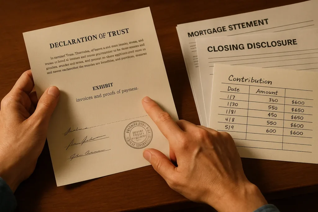 Hands carefully holding and pointing to a signed Declaration of Trust document surrounded by mortgage statements and financial records, illustrating the detailed preparation involved in managing property ownership and equitable interests