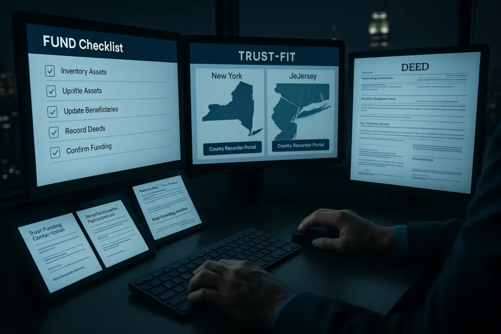 A professional working late in a modern office with estate planning software displaying family trust documents, trust funding checklists, and maps of New York and New Jersey, highlighting the process of managing and funding a family trust