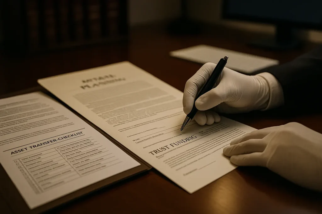 A person’s gloved hands carefully signing legacy trust funding documents on a wooden desk, illustrating the precise legal steps involved in establishing a legacy trust to protect family wealth