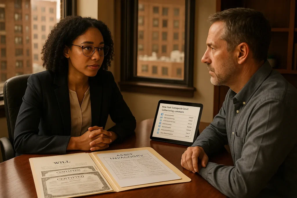 An estate attorney and client discuss probate and estate administration in a Manhattan office with documents including an original will and court filing checklist visible, illustrating the probate process in New York County Surrogate's Court