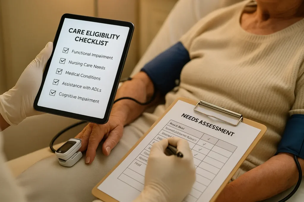 A healthcare professional conducts a detailed Medicaid-assisted living eligibility assessment with an elderly patient, using medical instruments and paperwork to ensure accurate care documentation