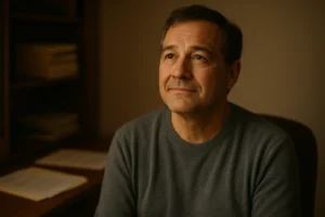 A middle-aged person thoughtfully reviewing financial documents in a home office, reflecting the careful planning needed to avoid Medicaid 5-year lookback penalties