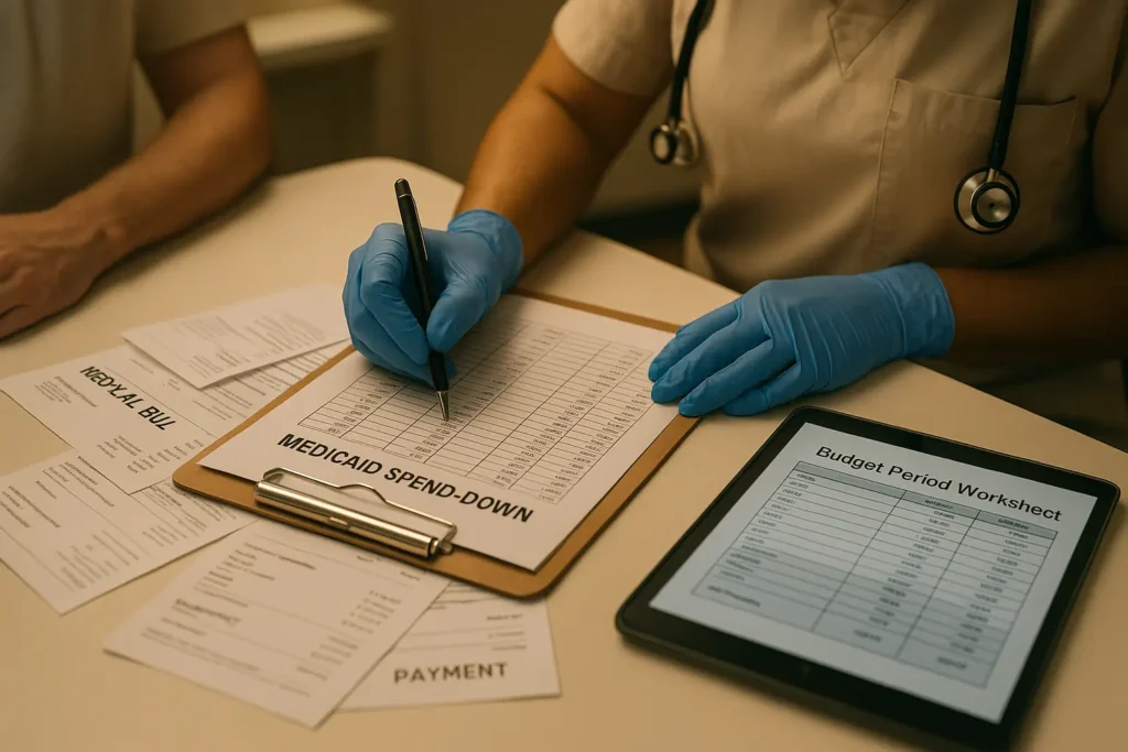 A healthcare professional’s gloved hands organizing an itemized Medicaid spend-down ledger alongside medical bills and a digital budget worksheet, illustrating the detailed verification process involved in Medicaid spend down qualification