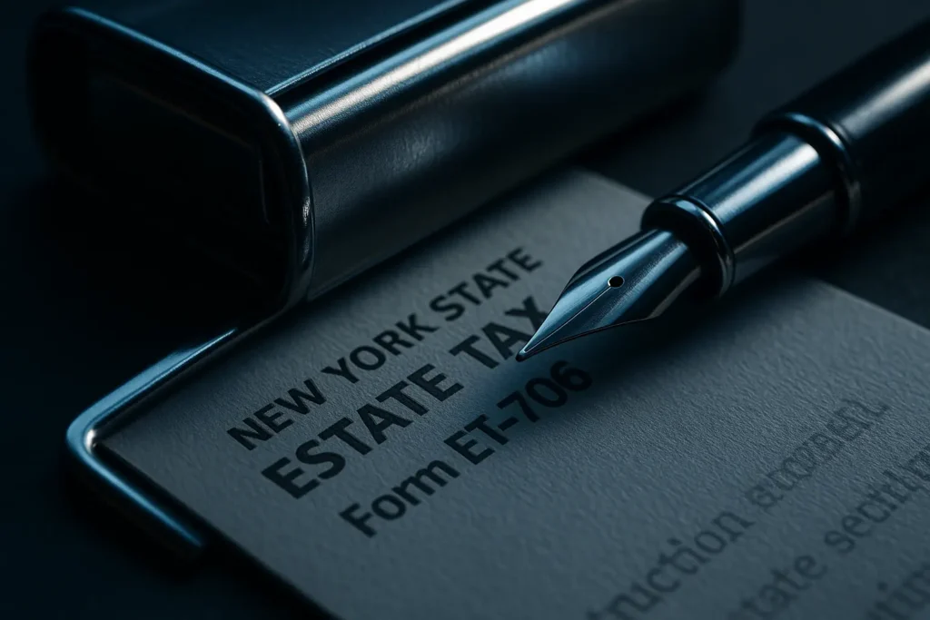 A close-up of a metallic New York State estate tax form binder and fountain pen highlighting professional legal documents related to New York estate tax filings
