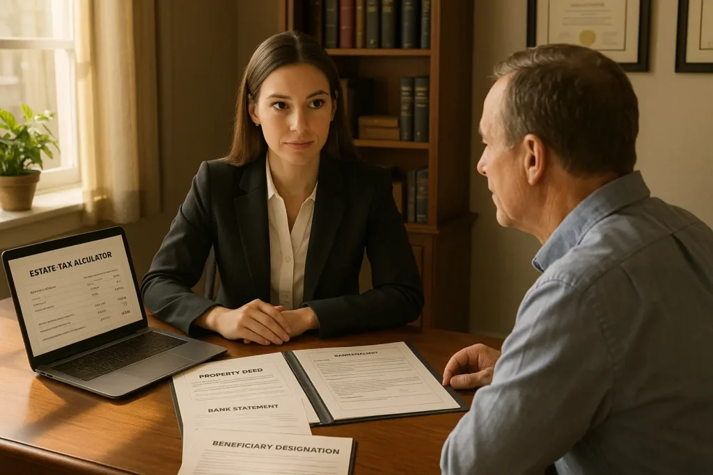 An estate planning attorney and client review New York estate tax documents and calculations together in a bright office, highlighting careful preparation for navigating the 105% cliff and exemptions