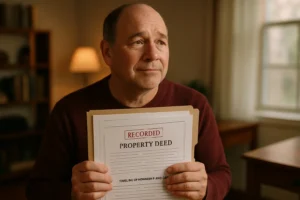 A middle-aged person thoughtfully reviewing a recorded property deed and ownership timeline in a warm home office, reflecting the careful planning needed to protect their house from nursing home costs